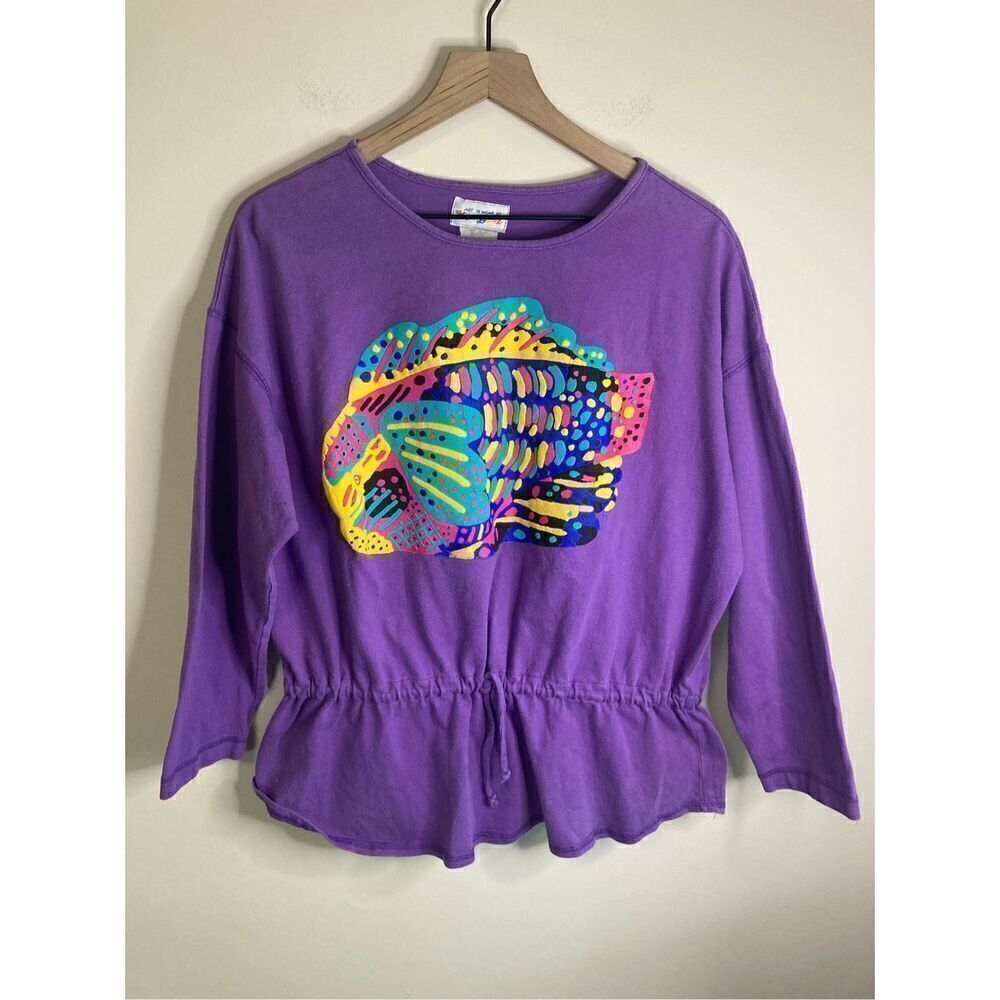 Vintage Art to Wear Ken Done Women’s Large 3/4 Sleeve Fish Graphic Purple